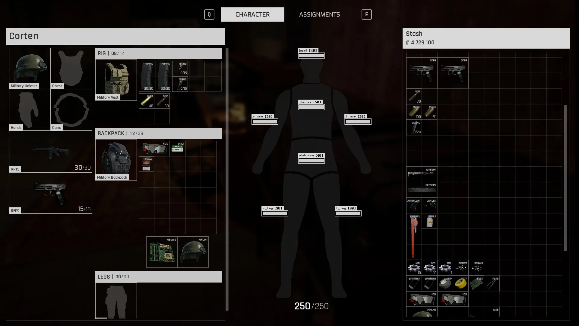 Nightfall Protocol: Character inventory screen with gear, weapons, and stats displayed in dark interface