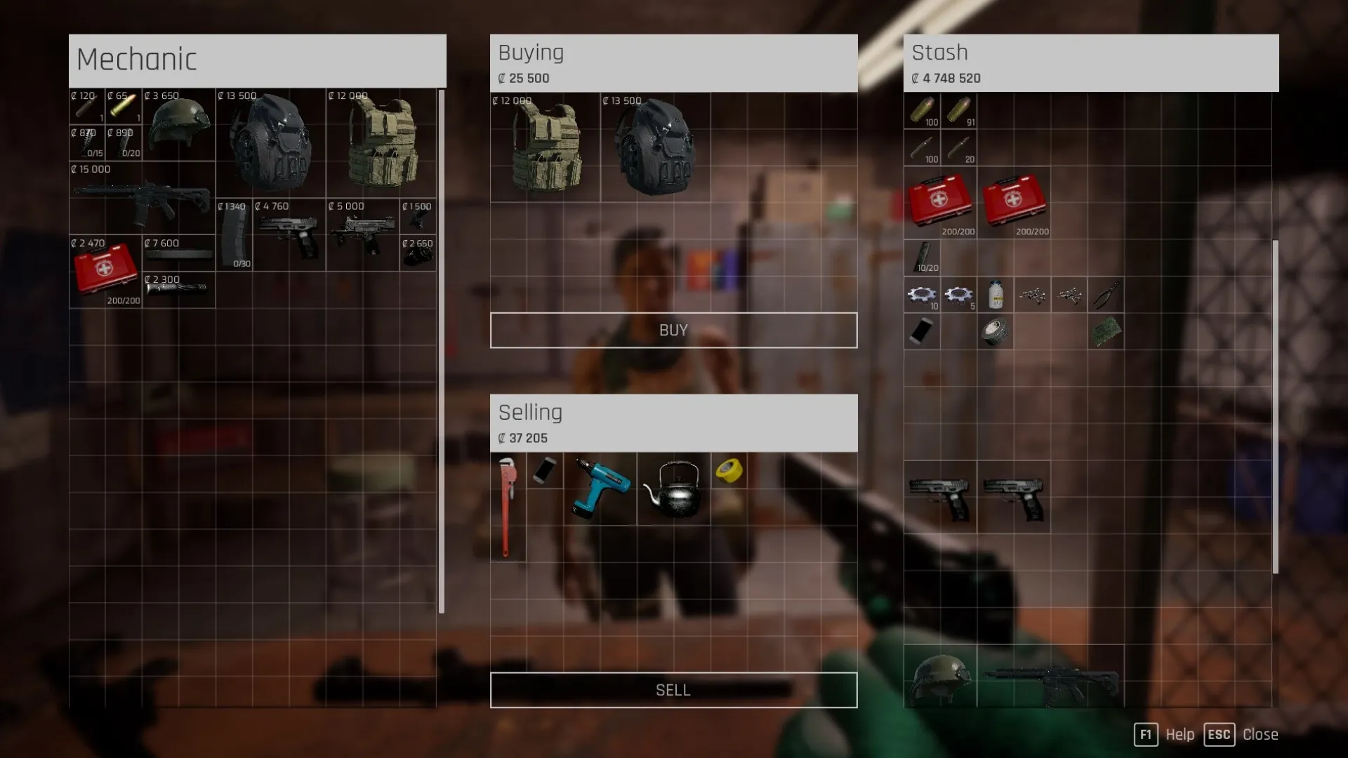 Nightfall Protocol: Inventory menu with buying, selling, and stash options in a workshop setting