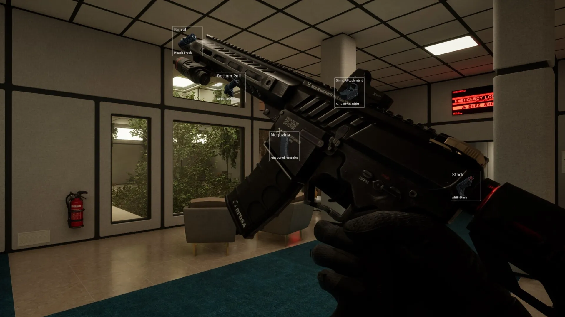 Nightfall Protocol: Weapon customization interface with AR15 modifications in a modern office setting