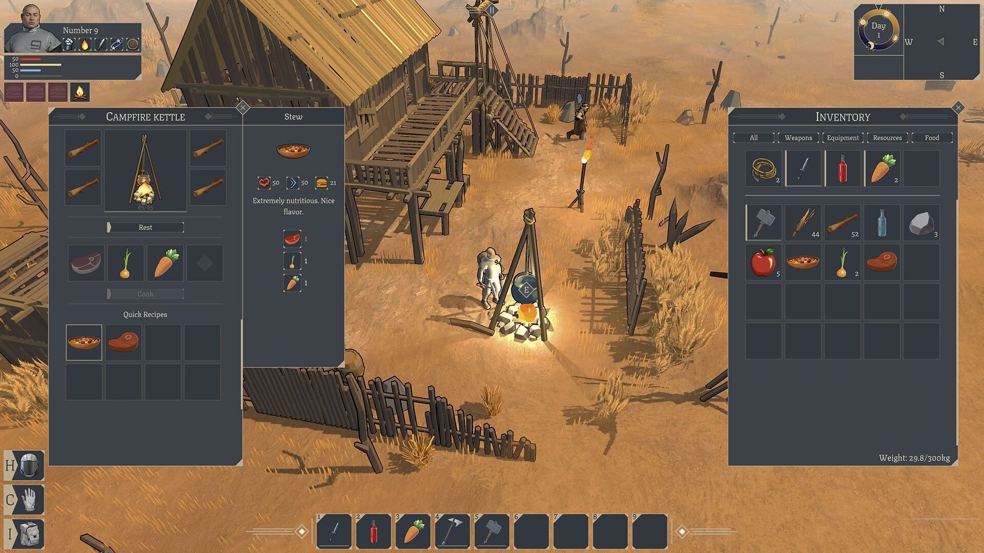 Nighthold: Player crafting stew at campfire with inventory menu open in desert village setting