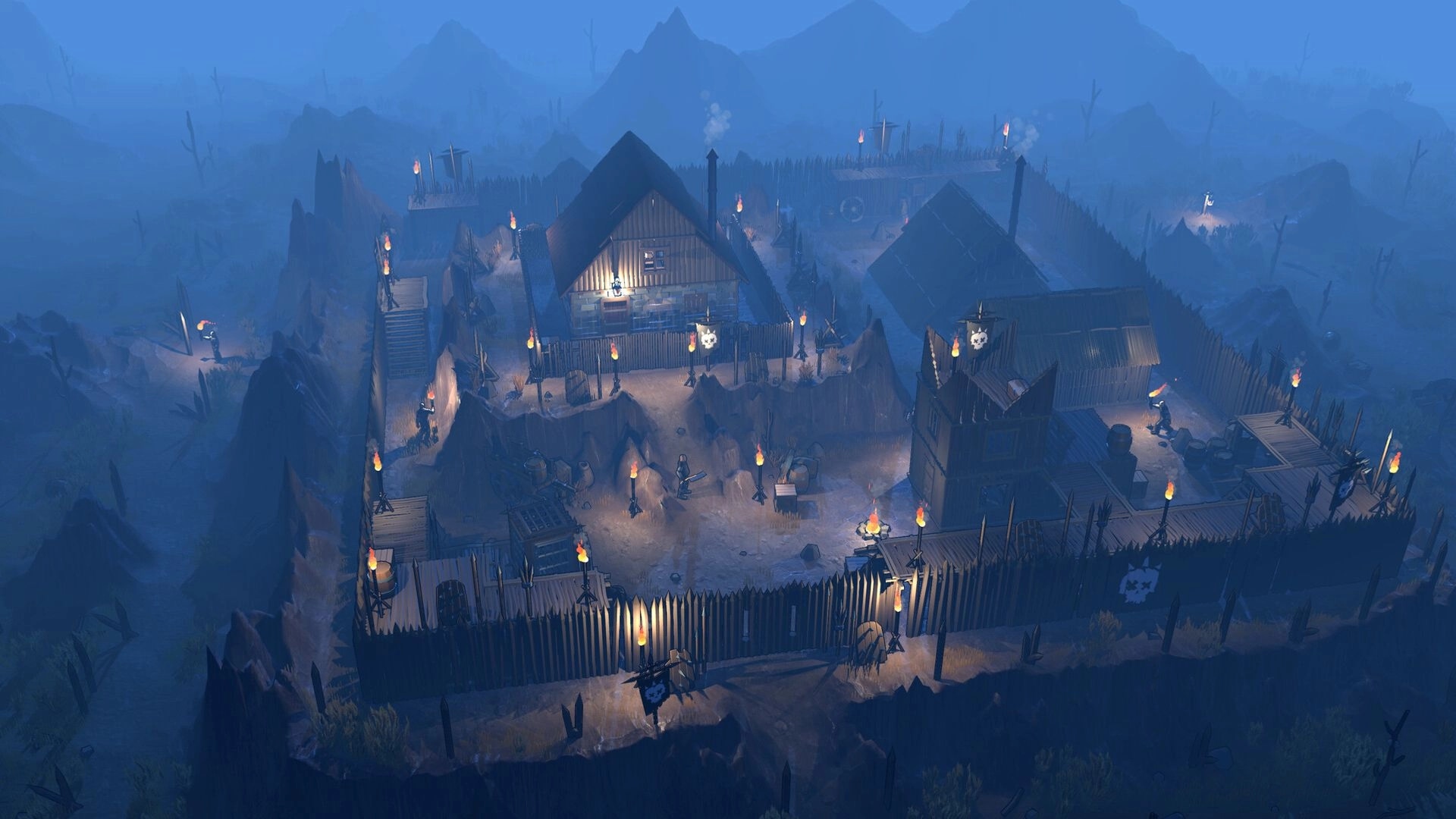 Nighthold: Nighttime view of fortified village with wooden barricades and torches in a mountainous area