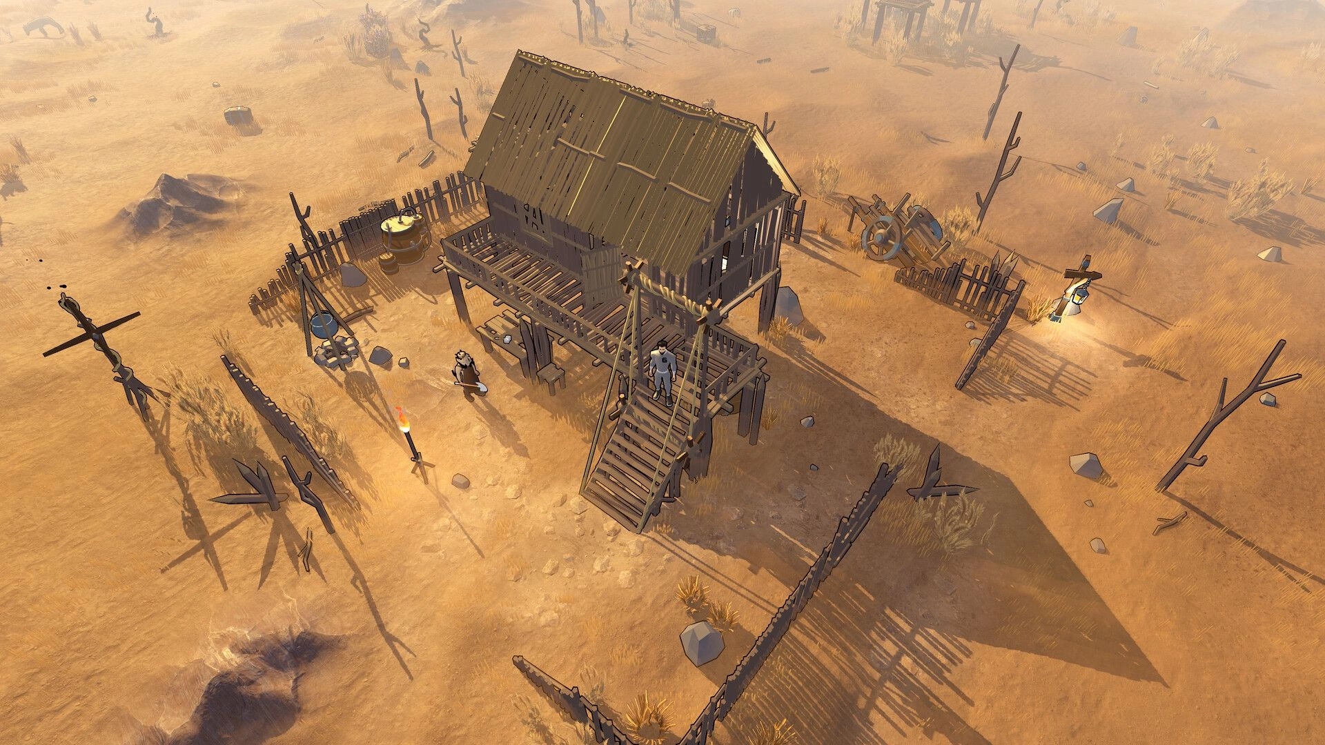 Nighthold: Elevated wooden shelter surrounded by barren landscape with characters and scattered debris