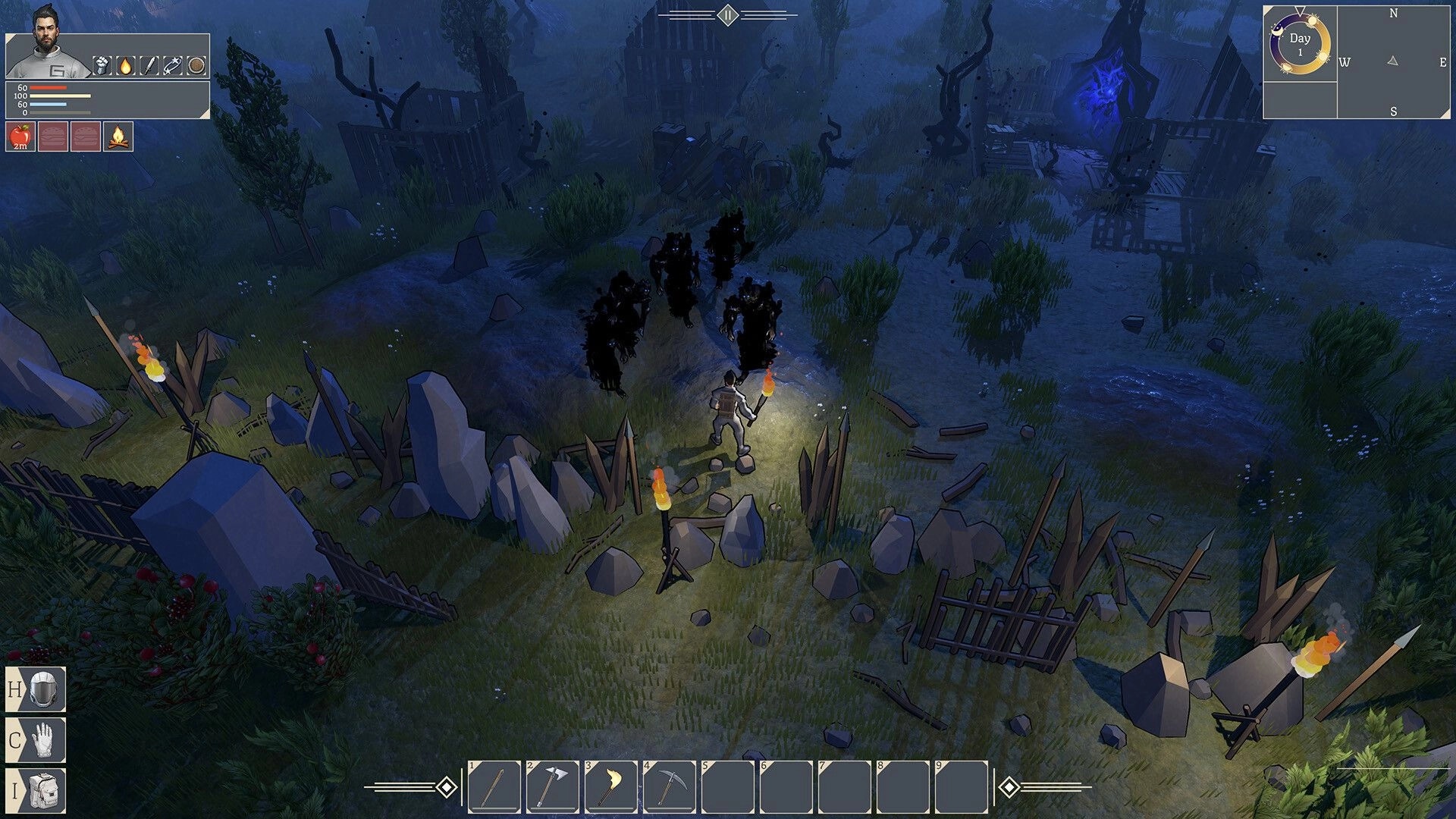 Nighthold: Character holding torch faces shadowy enemies in ruined landscape with UI elements visible