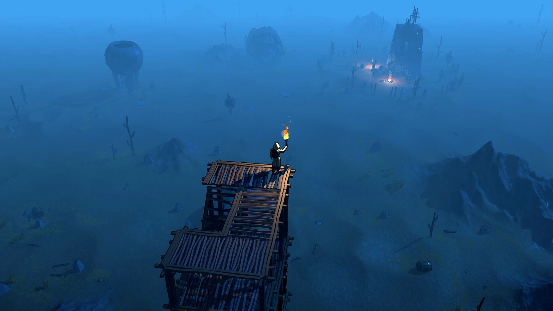 Nighthold: Lone character holds torch atop wooden tower in foggy wasteland with distant structures