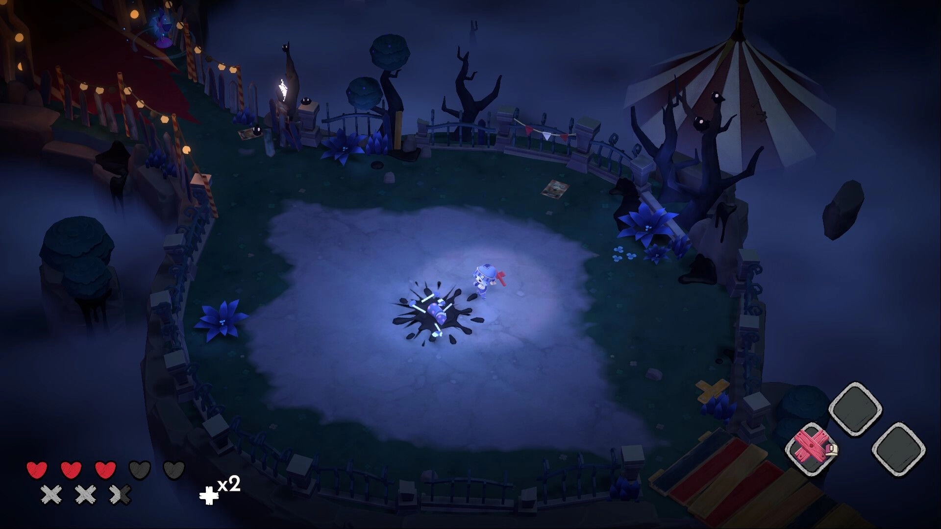 Nightmare Circus: Puppeteer in combat with a shadow creature in a foggy circus arena with UI elements visible