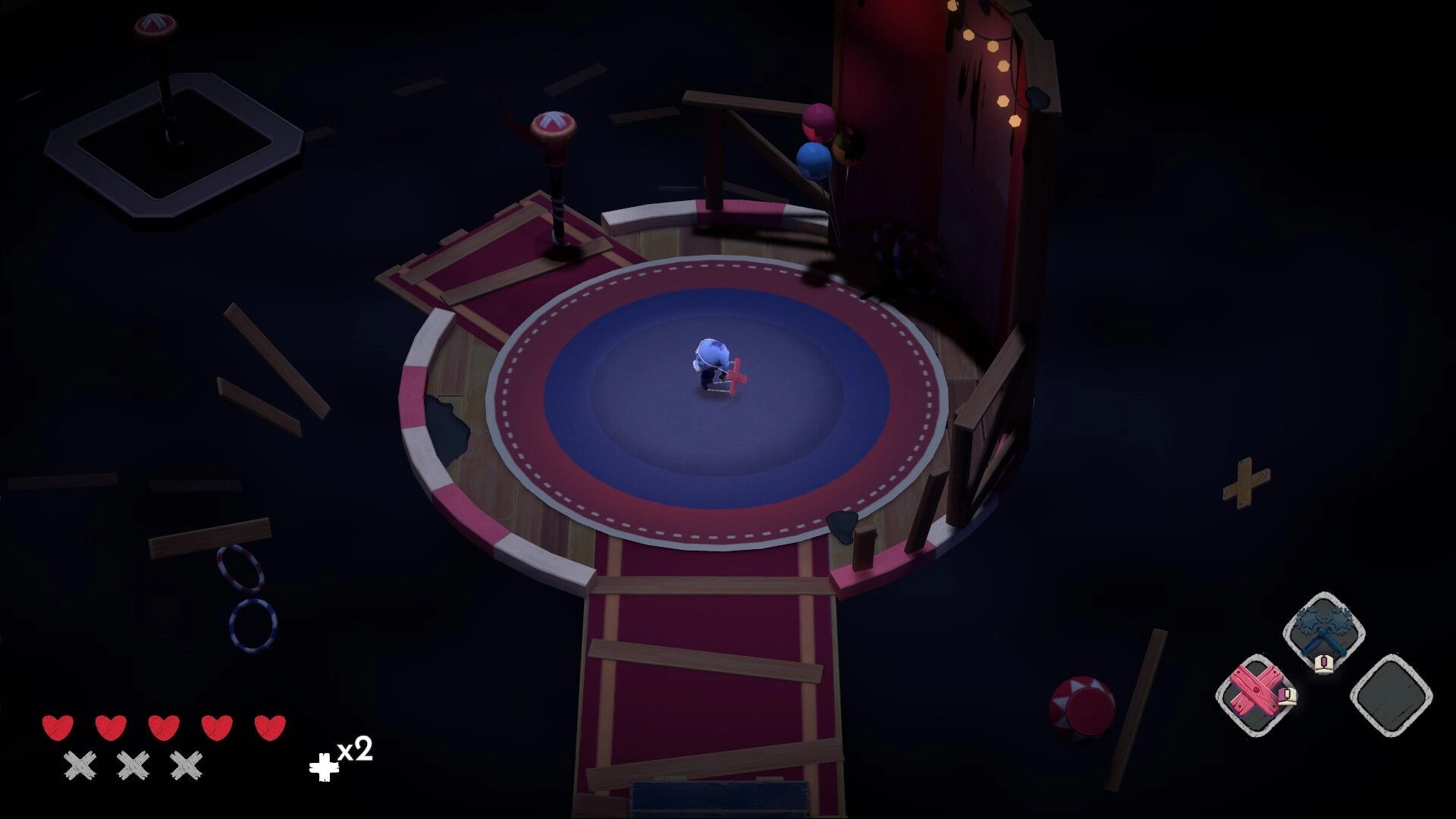 Nightmare Circus: Puppeteer character stands in a spotlight on a circus stage with health UI visible.