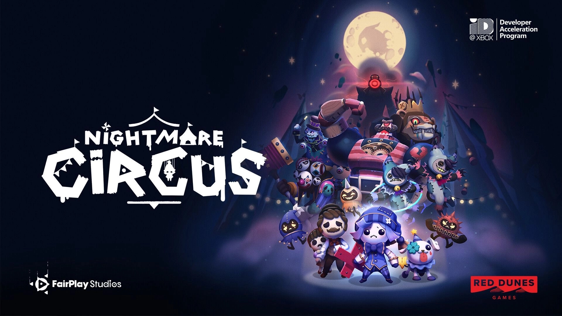 Nightmare Circus: Puppeteer and allies face eerie creatures under a full moon in the Nightmare Realm