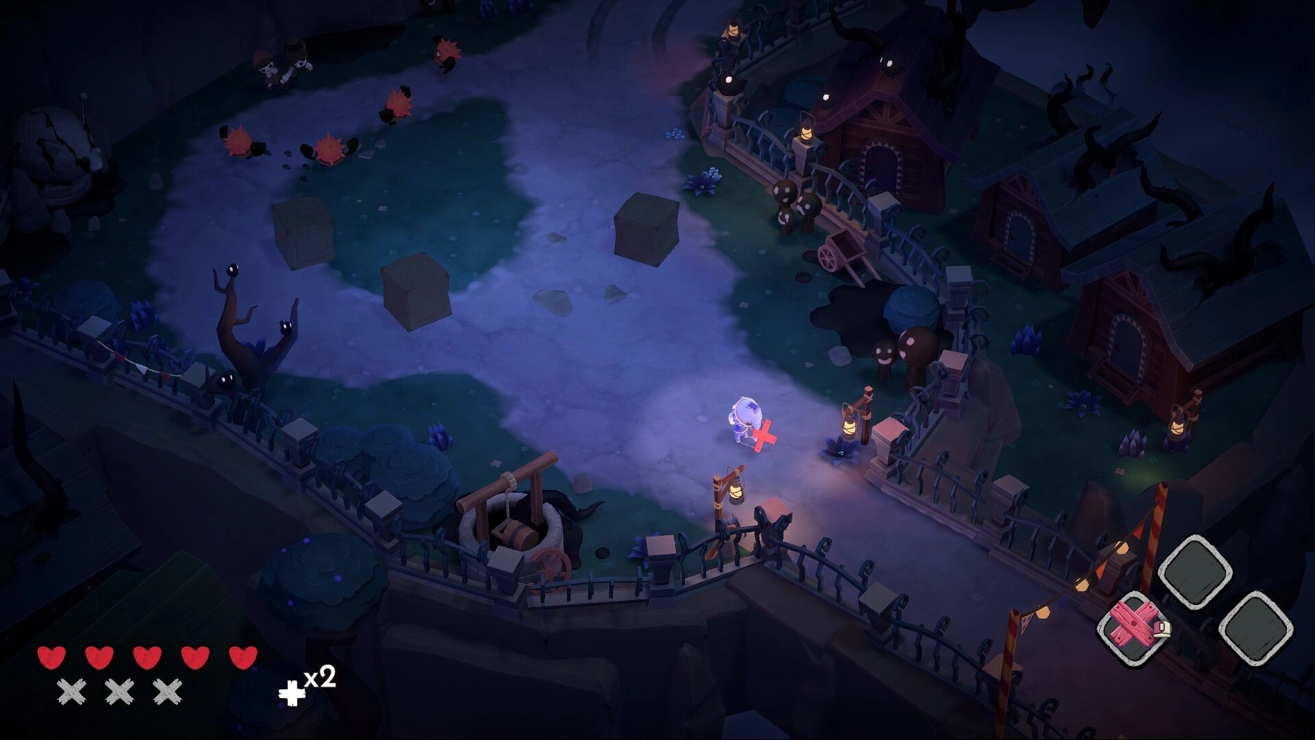 Nightmare Circus: Puppeteer explores eerie courtyard with heart health icons and inventory slots visible