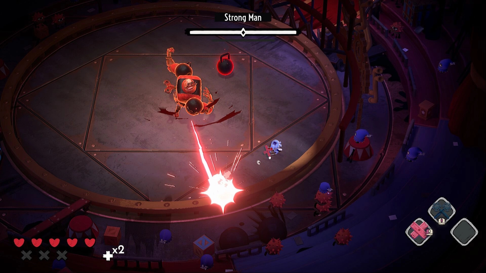 Nightmare Circus: Puppeteer engages Strong Man boss in a circus arena with health bar displayed