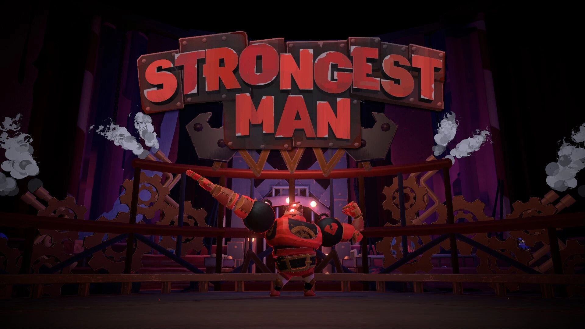 Nightmare Circus: Strongman poses triumphantly on stage with gears and steam in industrial arena.