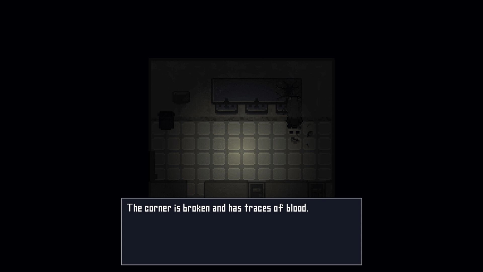 Nightmere: Dialogue box notes broken corner with blood traces in a dim top-down tiled room.