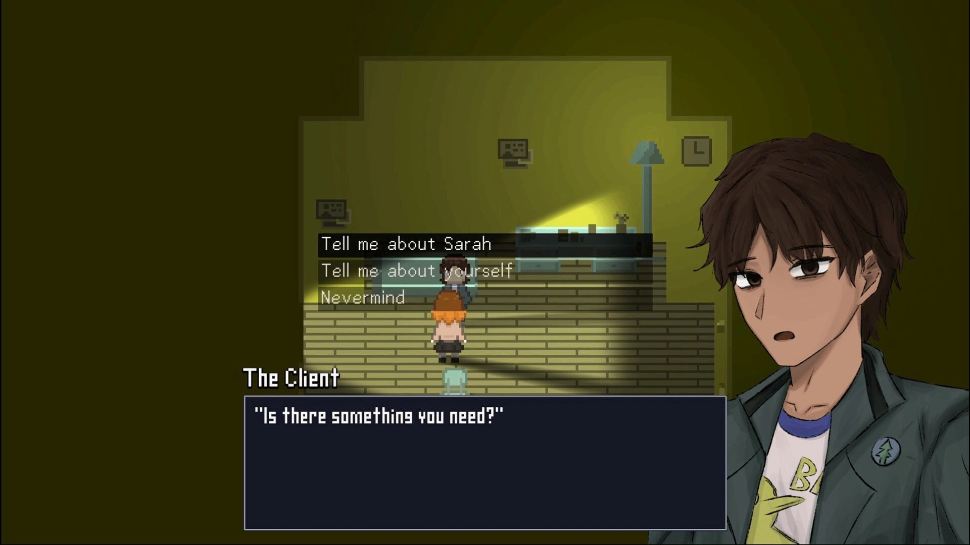 Nightmere: Dialogue choices with The Client in a dim room, pixel characters by a desk and lamp.