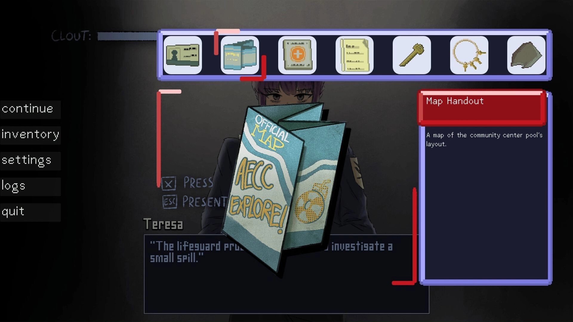 Nightmere: Inventory menu with map handout open, item icons and pause options over dim dialogue scene.