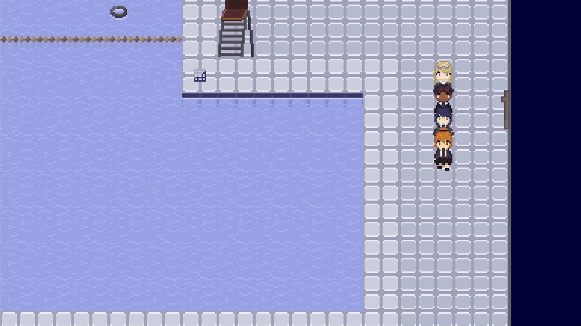 Nightmere: Four pixel characters lined up on a tiled pier beside dark water, ladder nearby.