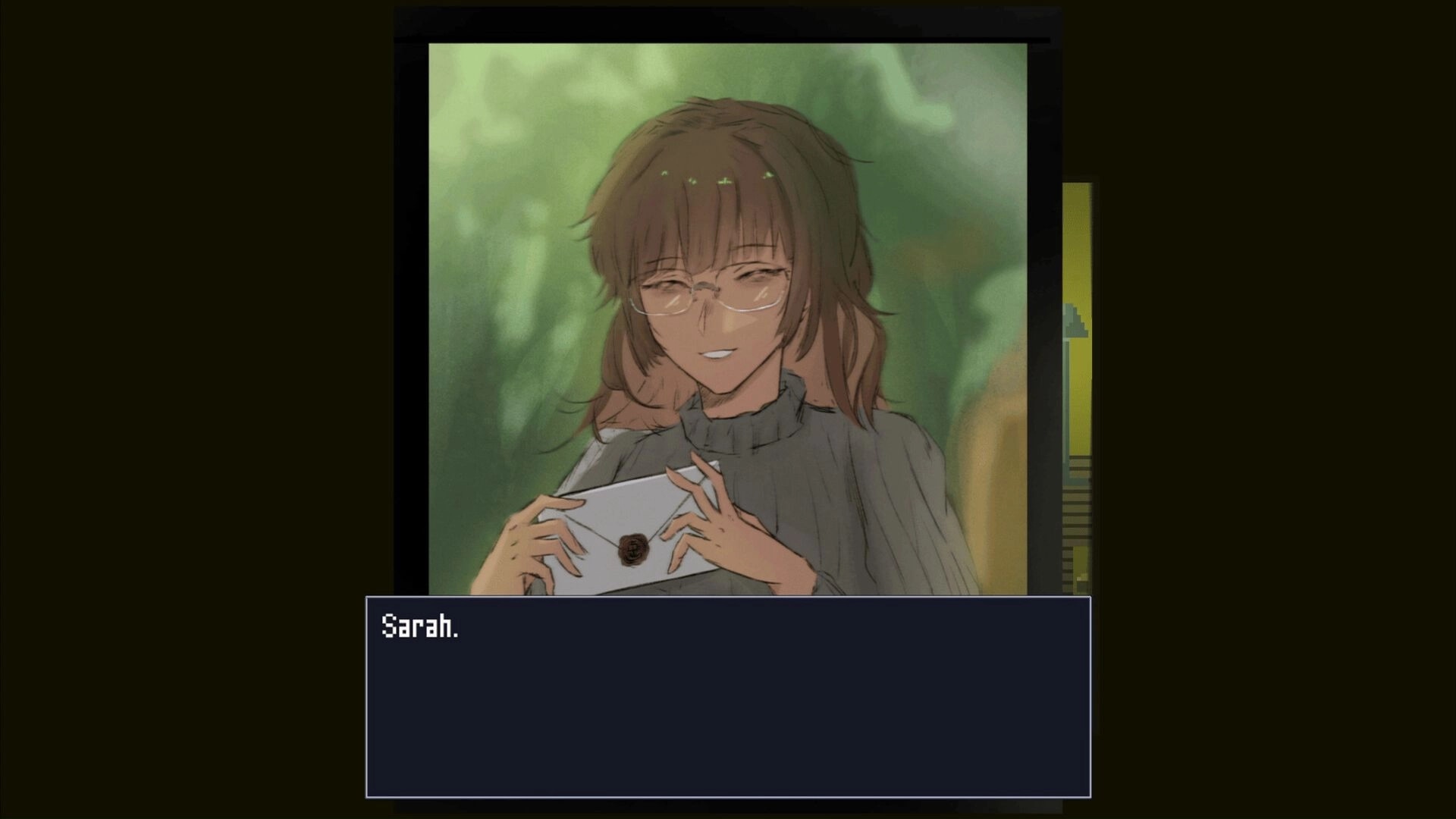 Nightmere: Dialogue scene with Sarah holding a sealed envelope, portrait framed above text box UI.
