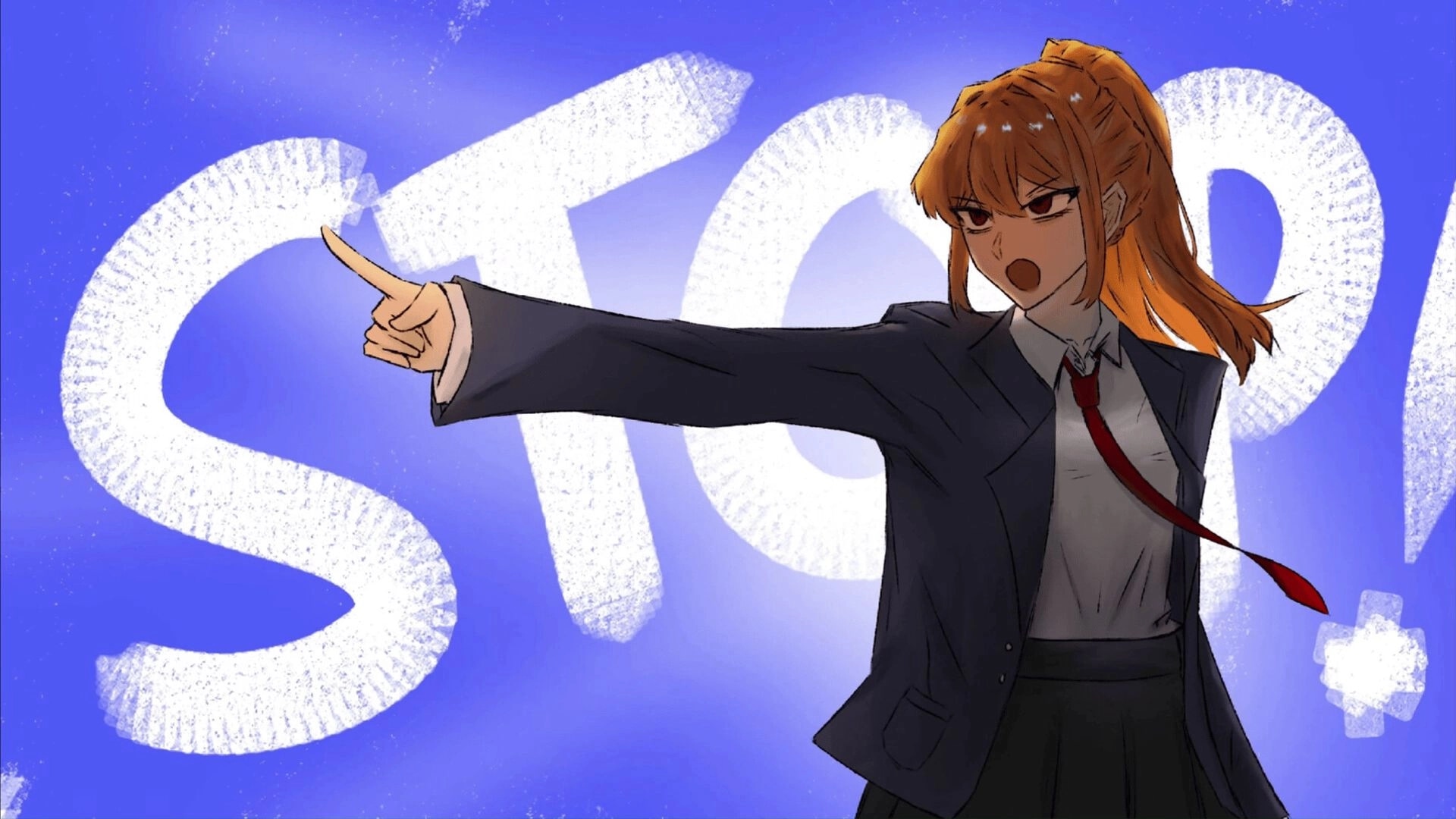Nightmere: Anime-style woman in suit points and shouts before huge STOP text on blue backdrop.