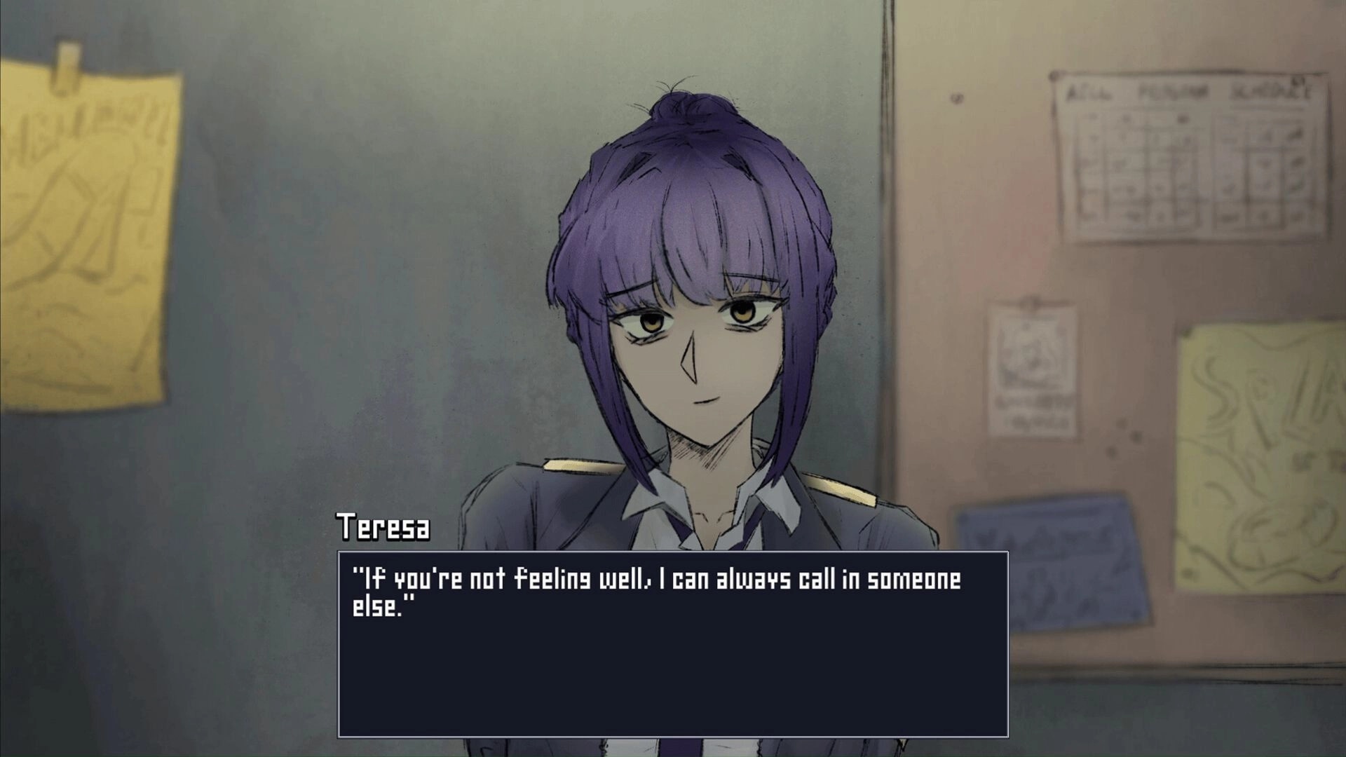 Nightmere: Teresa speaks in a dialogue box during a close-up conversation in a note-covered office.