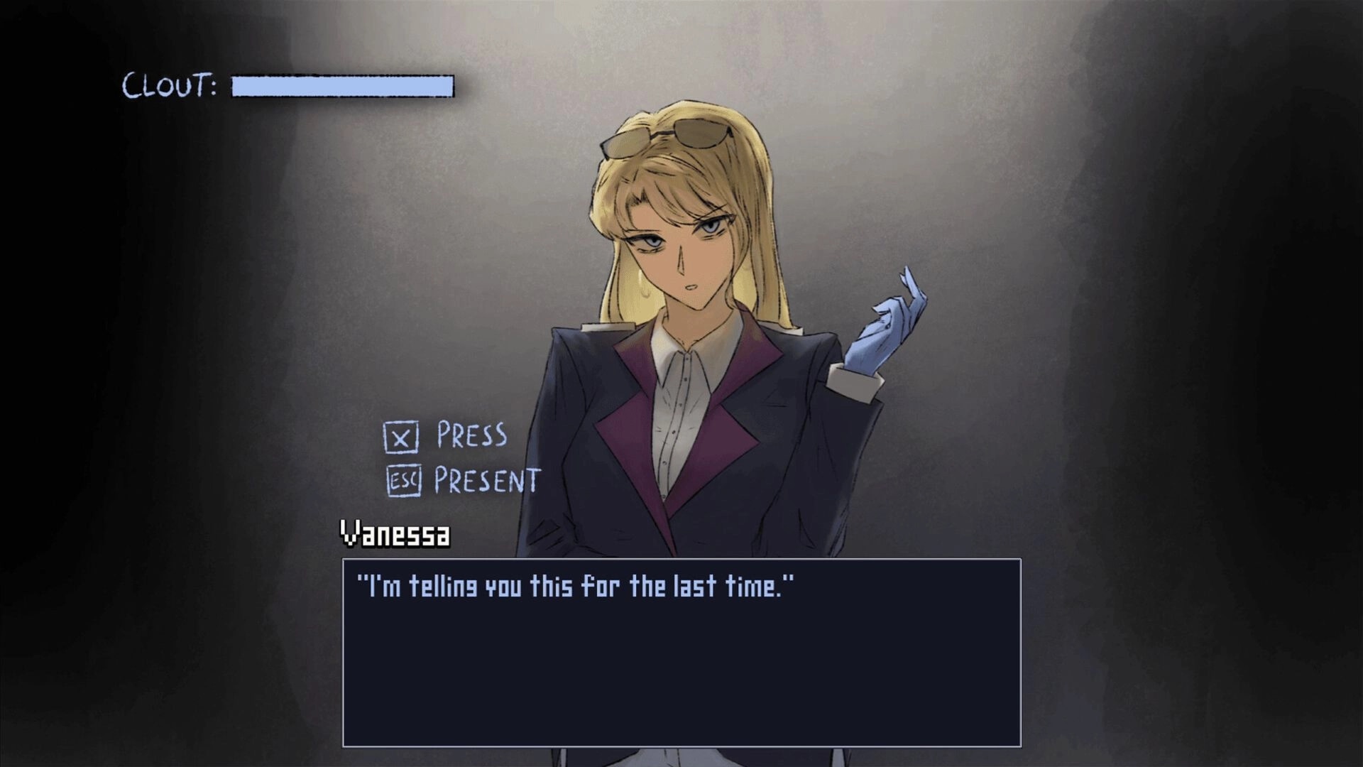 Nightmere: Dialogue scene with Vanessa speaking, CLOUT meter and button prompts on a dark backdrop.
