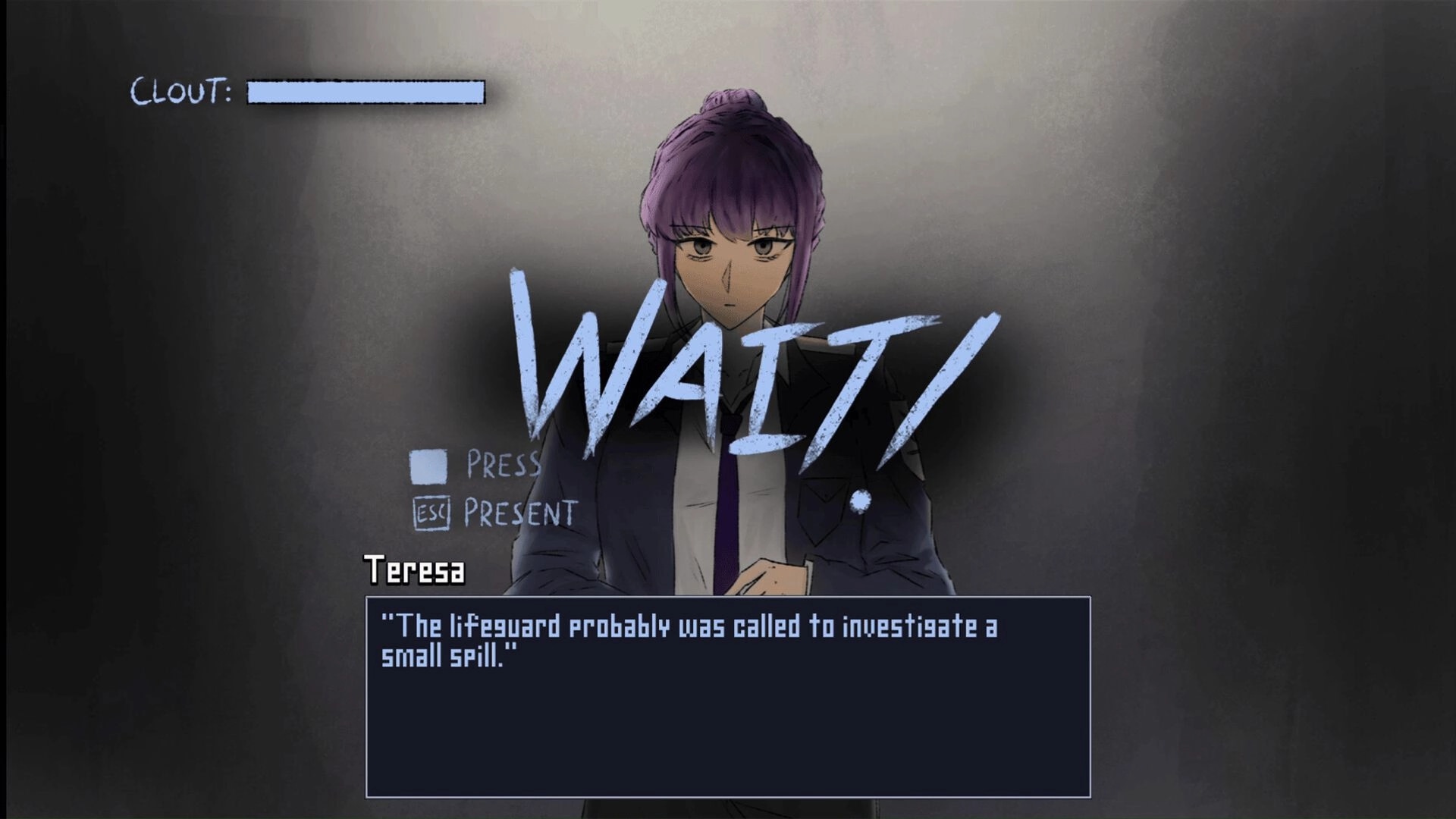 Nightmere: Dialogue scene with Teresa as graffiti “WAIT!” overlays her portrait and text box UI.