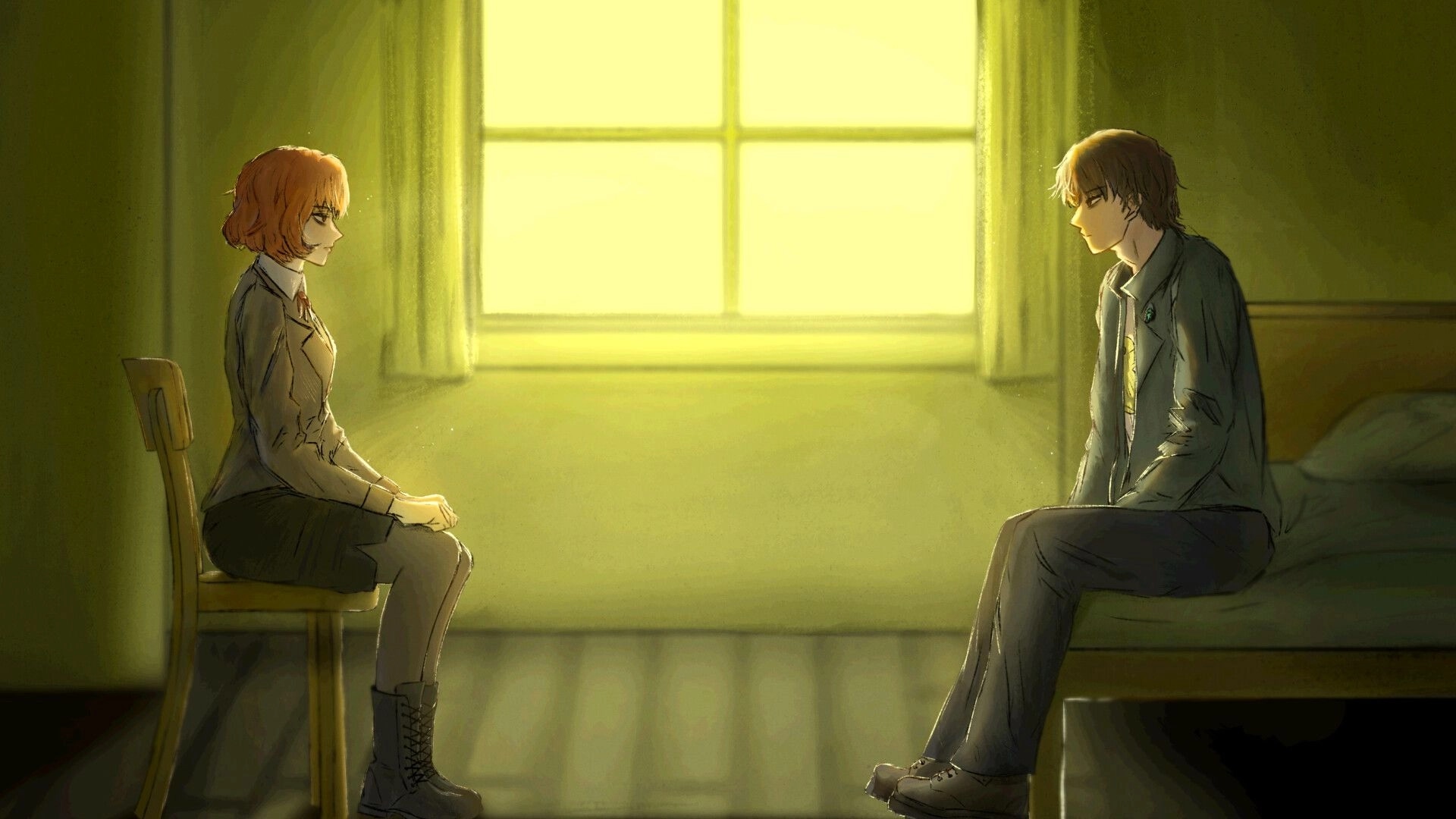 Nightmere: Amelia interviews a young man across a room, warm sunlight flooding through a large window.