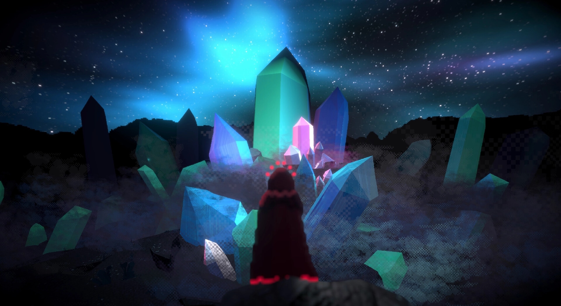 Nightpyre: Hooded figure stands before glowing crystals in a misty, starry landscape.
