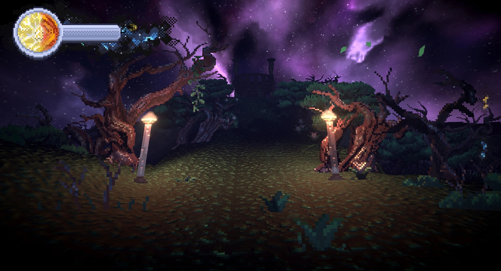 Nightpyre: Pathway through haunted forest with twisted trees and glowing purple sky, health bar visible