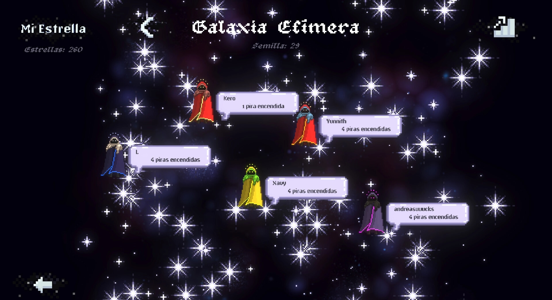 Nightpyre: Floating cloaked figures among stars with dialogue boxes in a cosmic environment