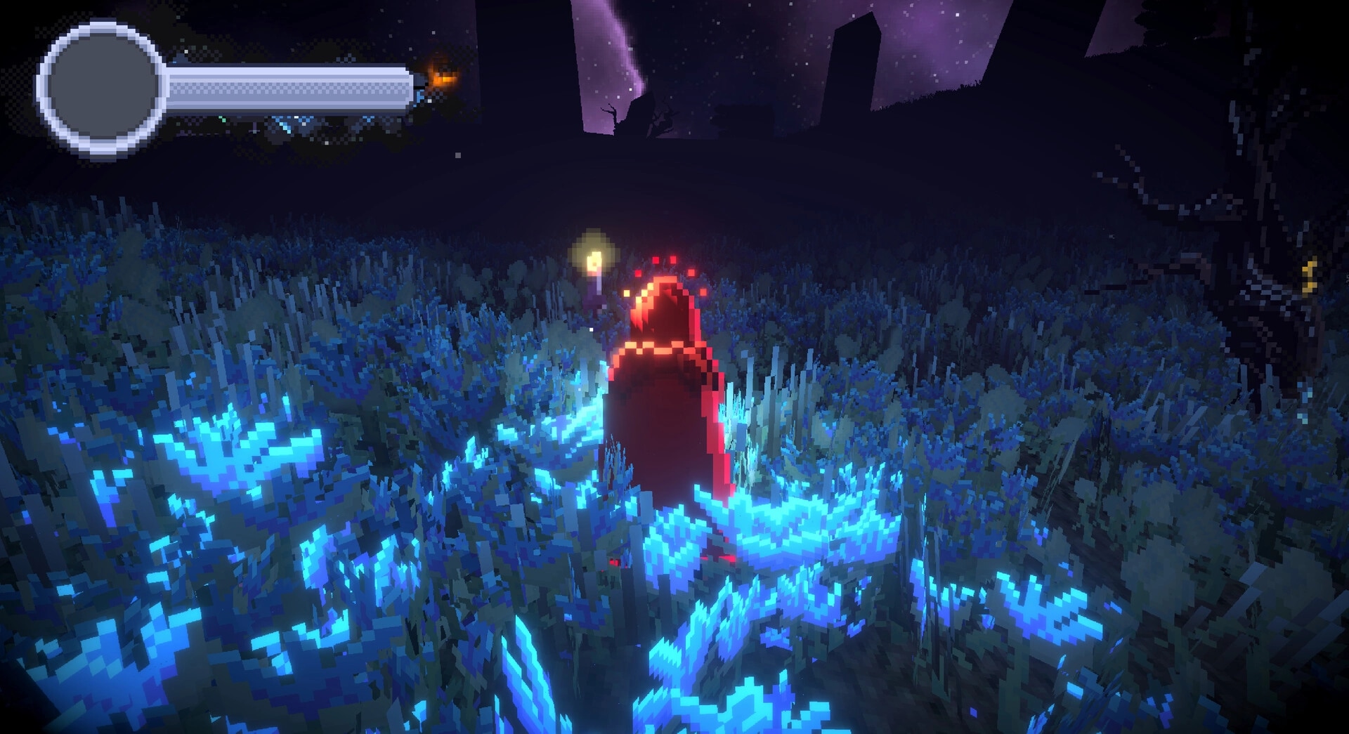 Nightpyre: Red-cloaked figure holds a glowing staff in a field of blue flowers under a starry sky.