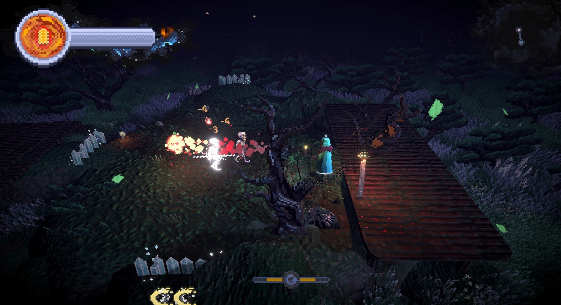 Nightpyre: Wizard casting spells against skeletons on a dark forest path with health bar visible