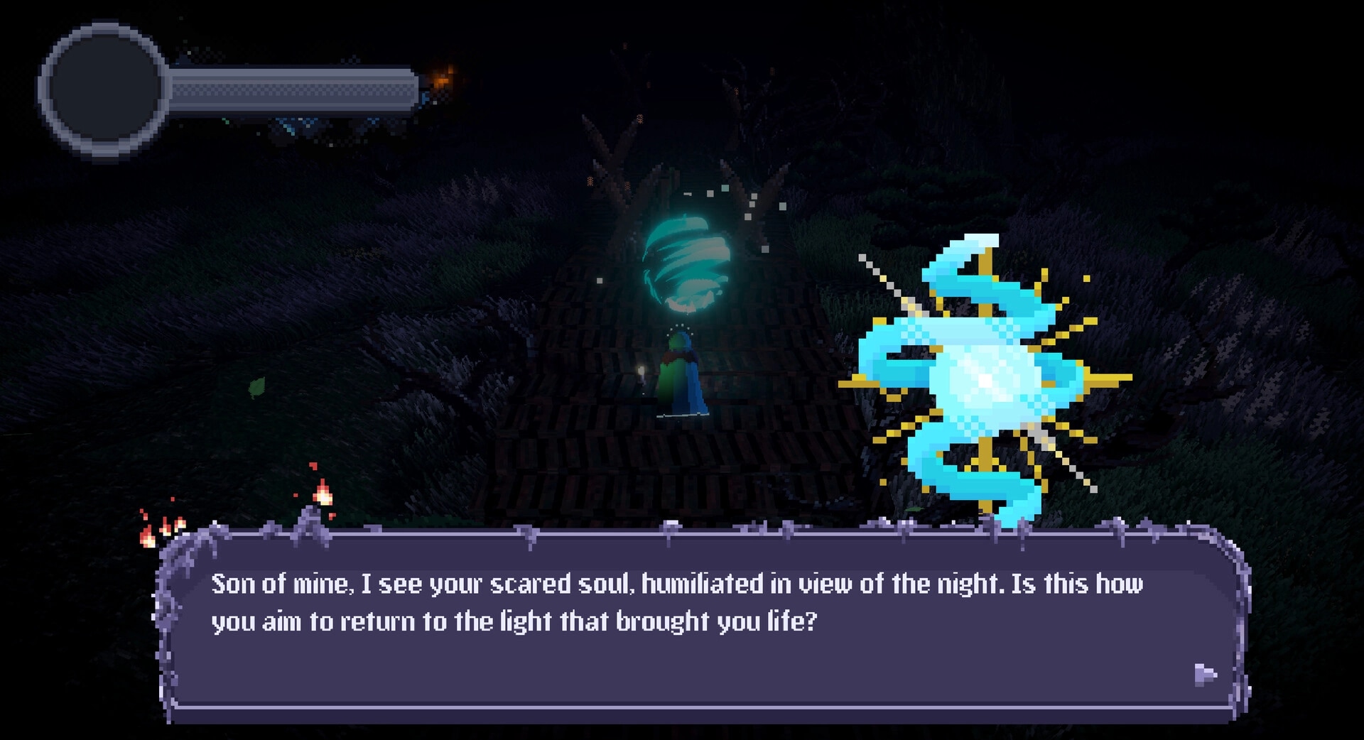 Nightpyre: Player confronts glowing orb on dark forest path, dialogue box with narrative text visible.