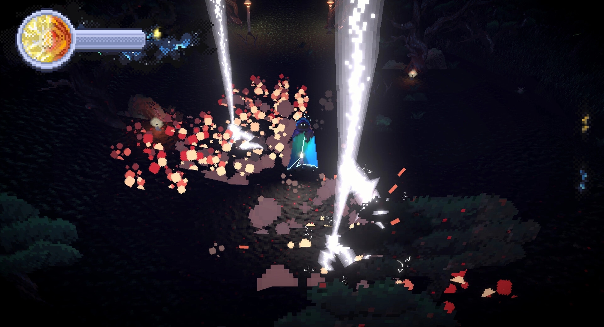 Nightpyre: Player casting powerful light beams in dark forest with health bar visible