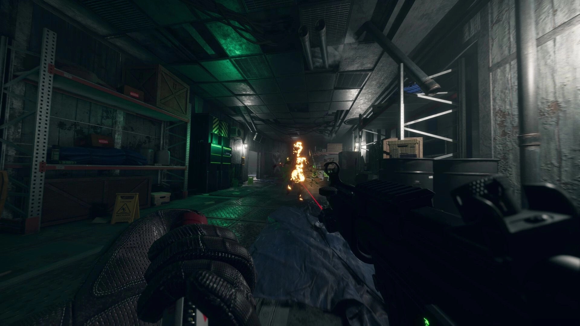 NightRunner: First-person rifle with laser sight aiming at burning enemy in dim storage corridor.