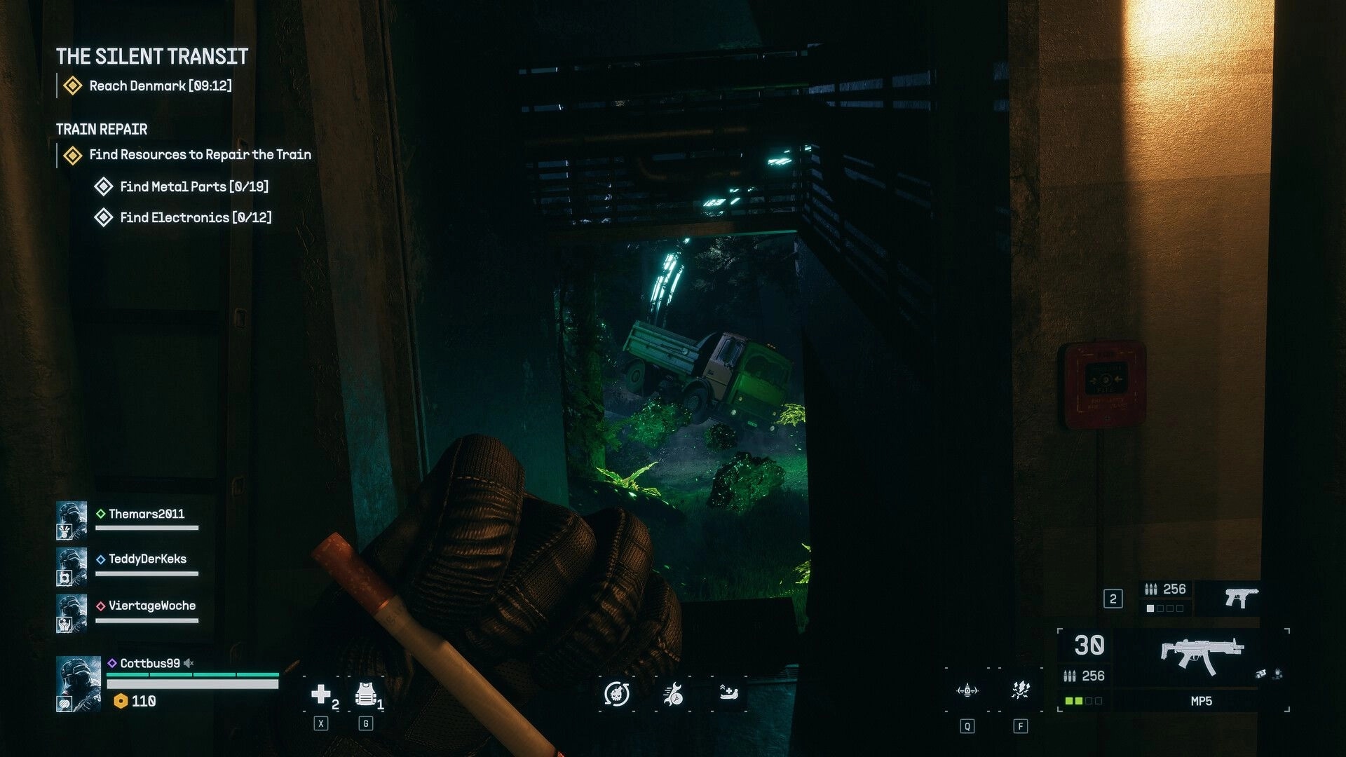 NightRunner: First-person view holding a flare, mission objectives UI, looking into a dark tunnel with truck.