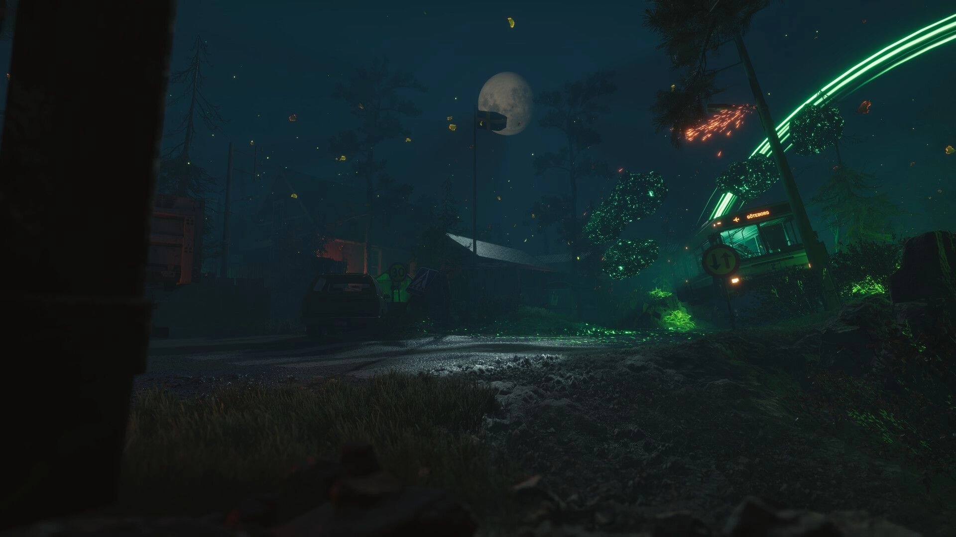 NightRunner: Moonlit roadside with abandoned bus and glowing green debris in a foggy forest at night.