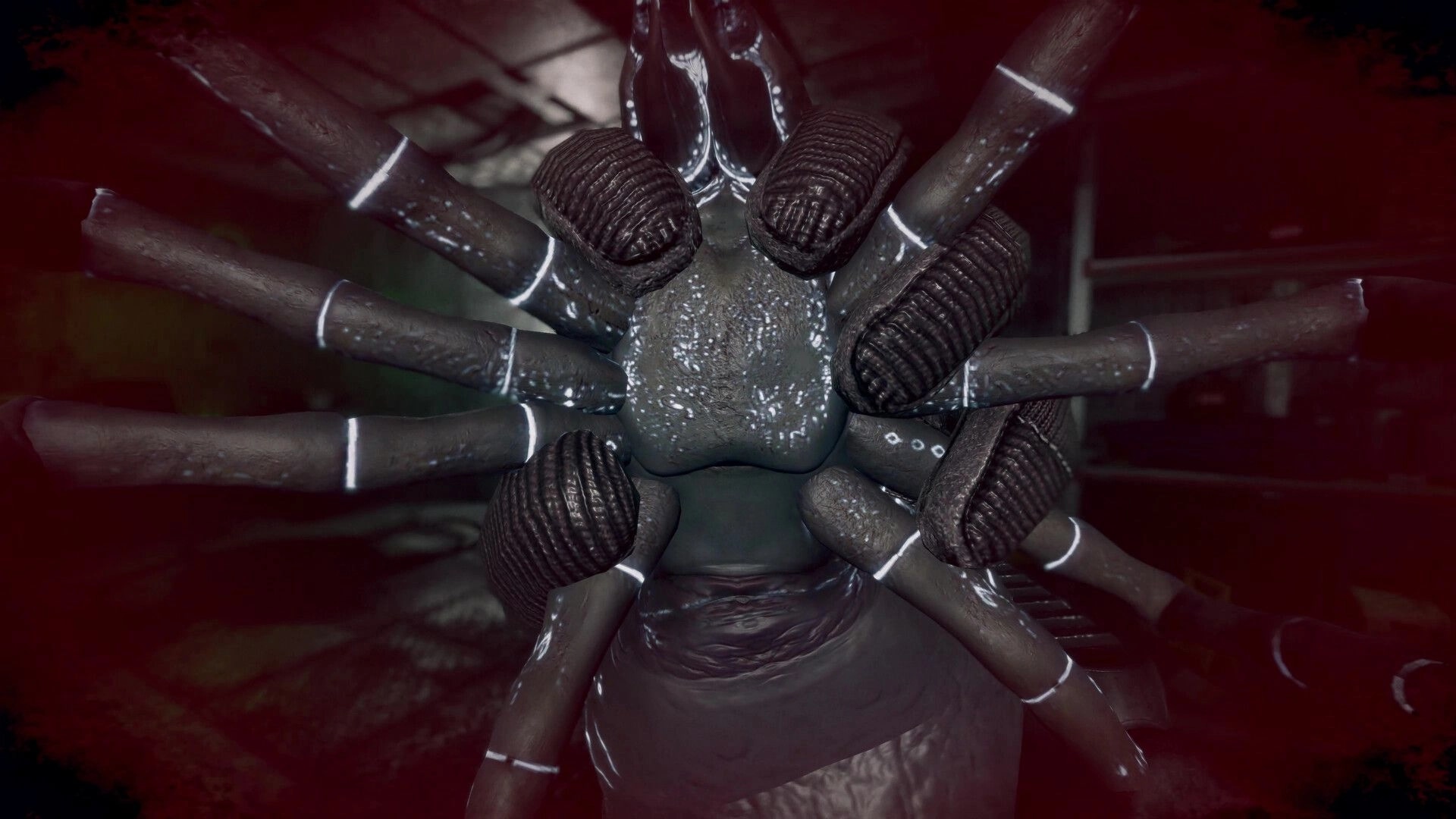 NightRunner: Close-up of a spiderlike mutant face with red damage vignette in dark corridor.