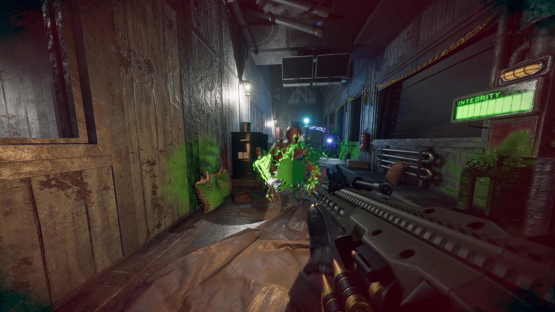 NightRunner: First-person shotgun blasts mutant in narrow metal corridor with glowing INTEGRITY panel UI.
