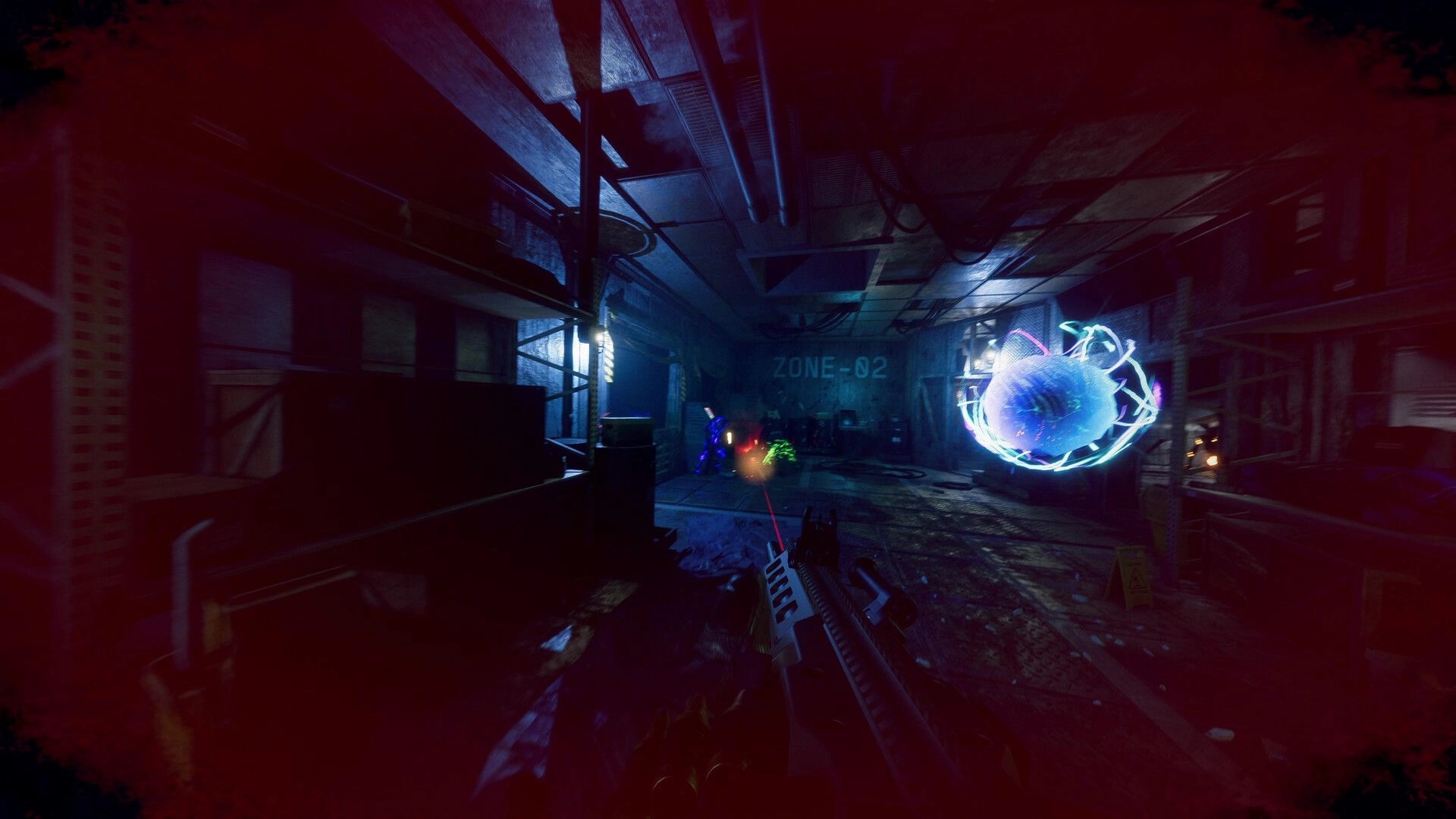 NightRunner: First-person firefight with rifle and red damage vignette in Zone-02 industrial hall.