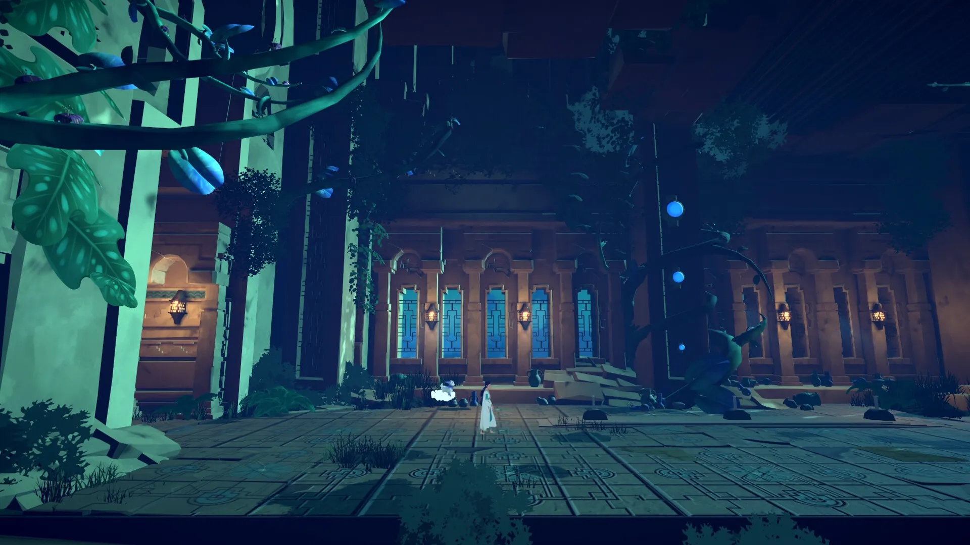 Nightscape: Young girl and goat explore ancient temple with glowing blue orbs and overgrown foliage
