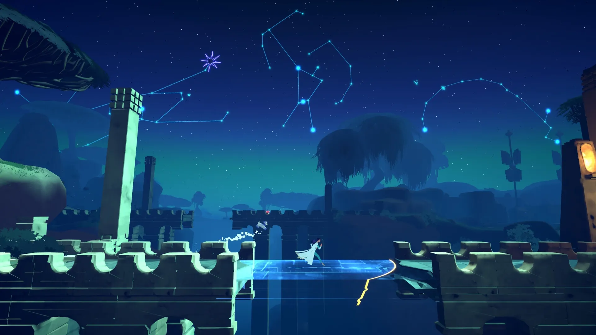Nightscape: Young girl and goat traverse a glowing bridge under restored constellations in a mystical land