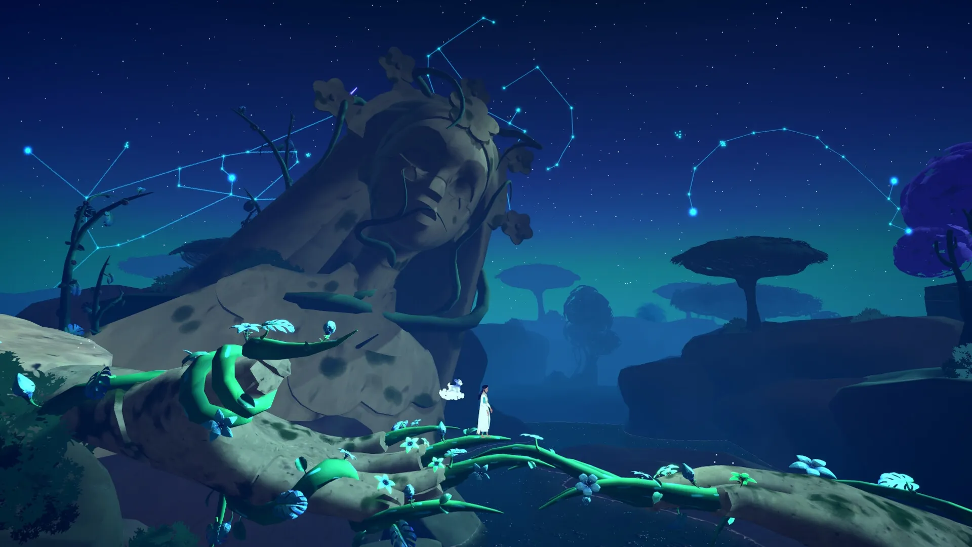 Nightscape: Girl stands on vine-covered statue amid glowing constellations in an ancient Arabian landscape