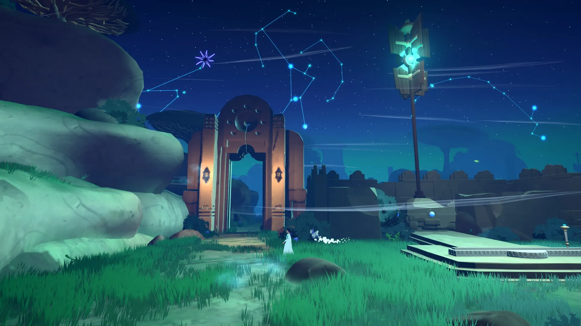 Nightscape: Young girl and goat explore starlit ruins with glowing constellations overhead