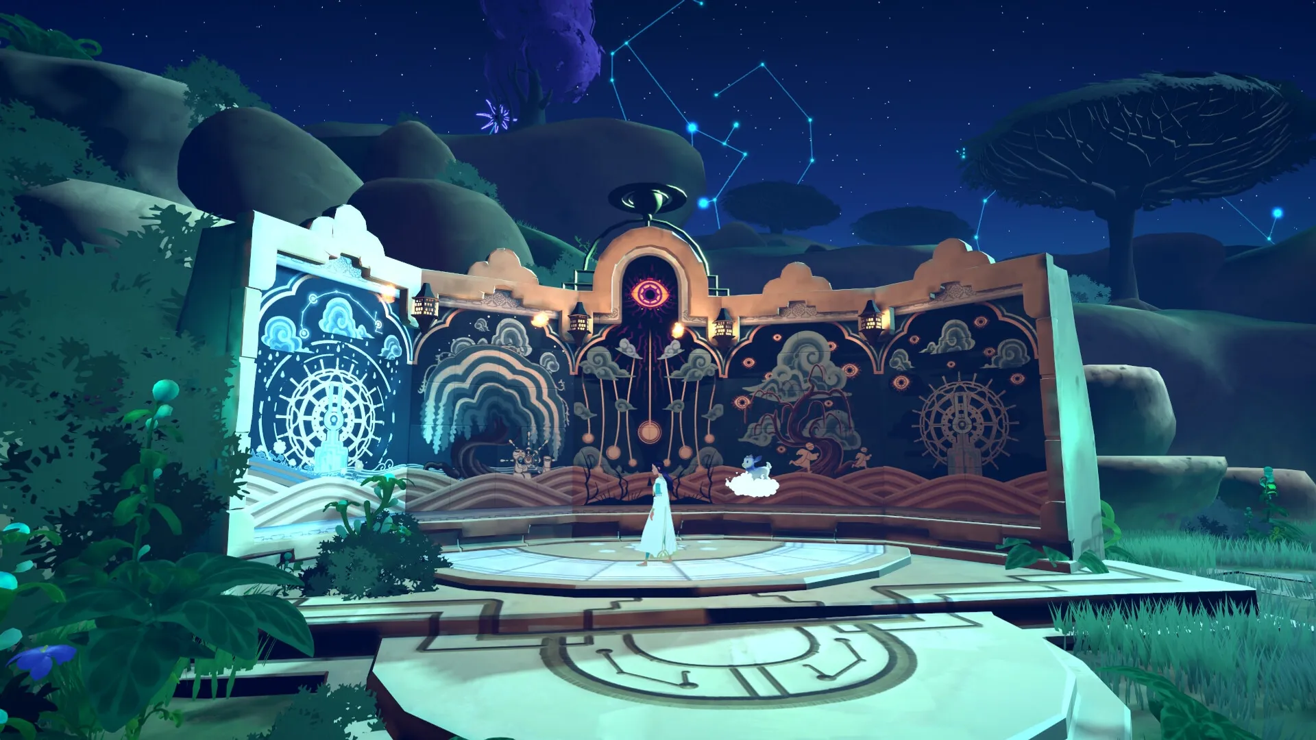 Nightscape: Young girl and goat stand before celestial mural in starlit Arabian landscape
