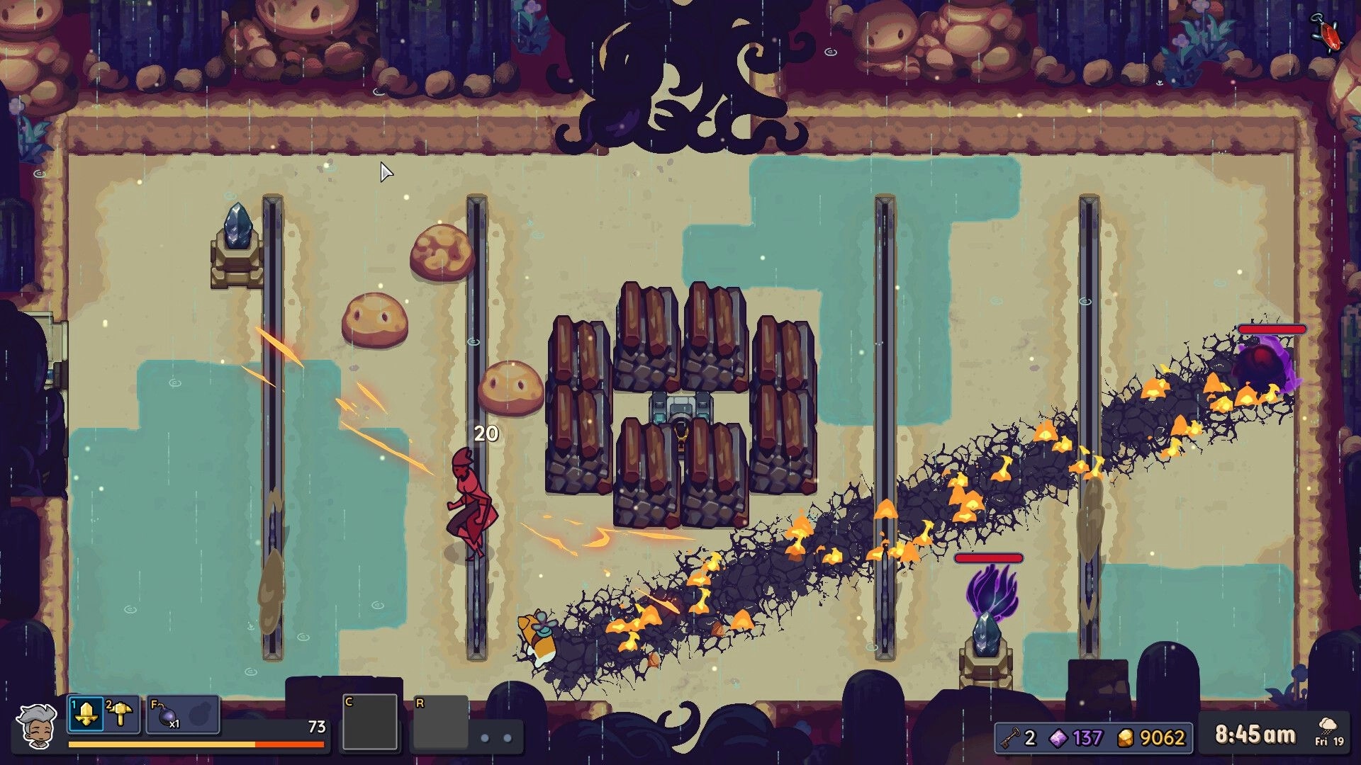 Nimbit Frontier: Character dodging obstacles and enemies in a cave environment with UI elements visible