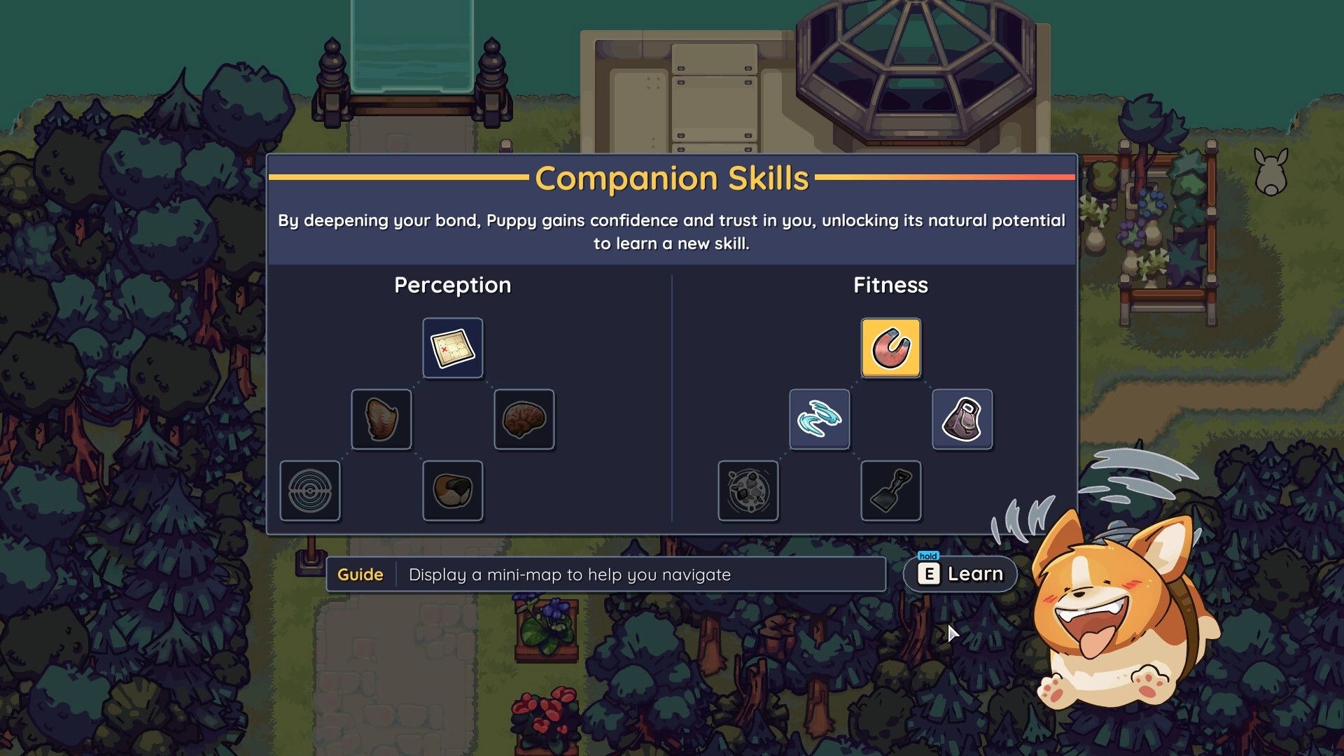 Nimbit Frontier: Companion skills menu with Puppy character in a forested area and skill options displayed