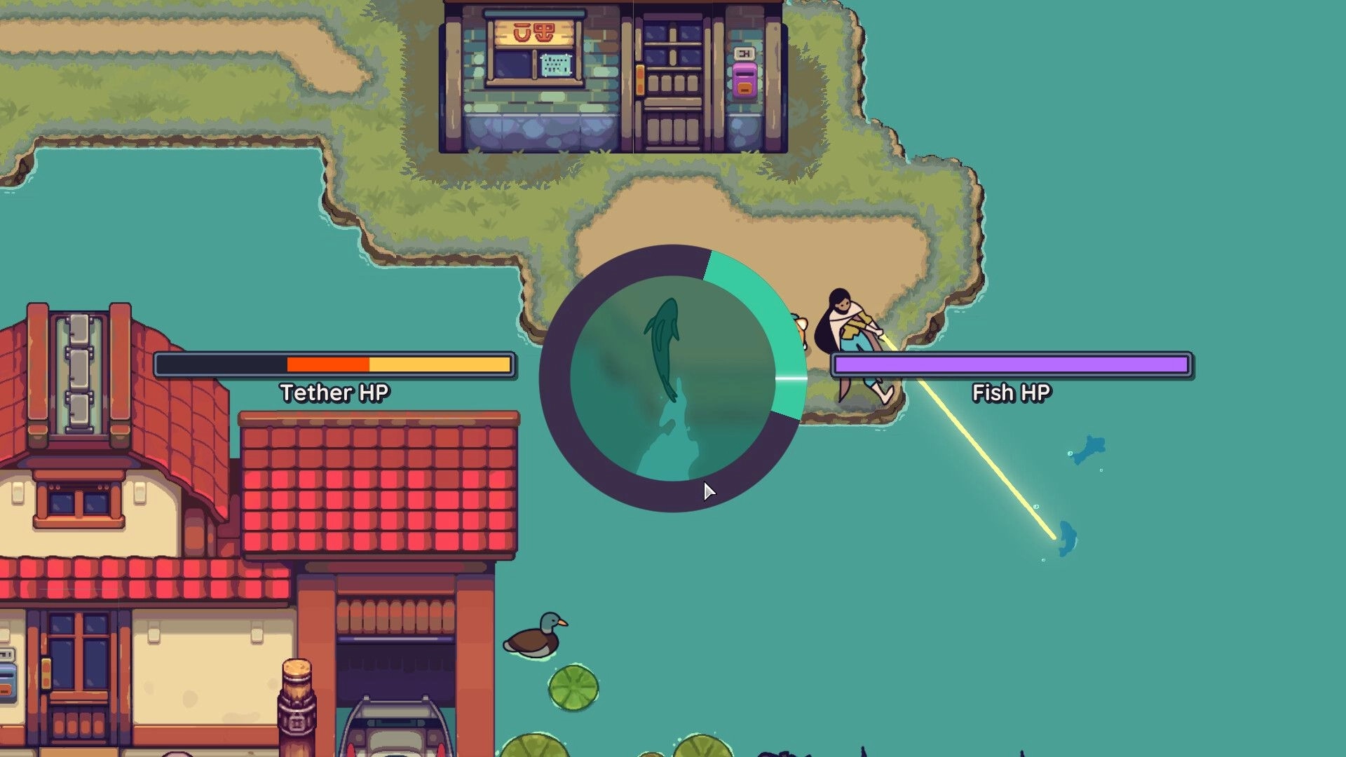 Nimbit Frontier: Fishing mini-game with character on a dock, building in the background, and HP bars visible.