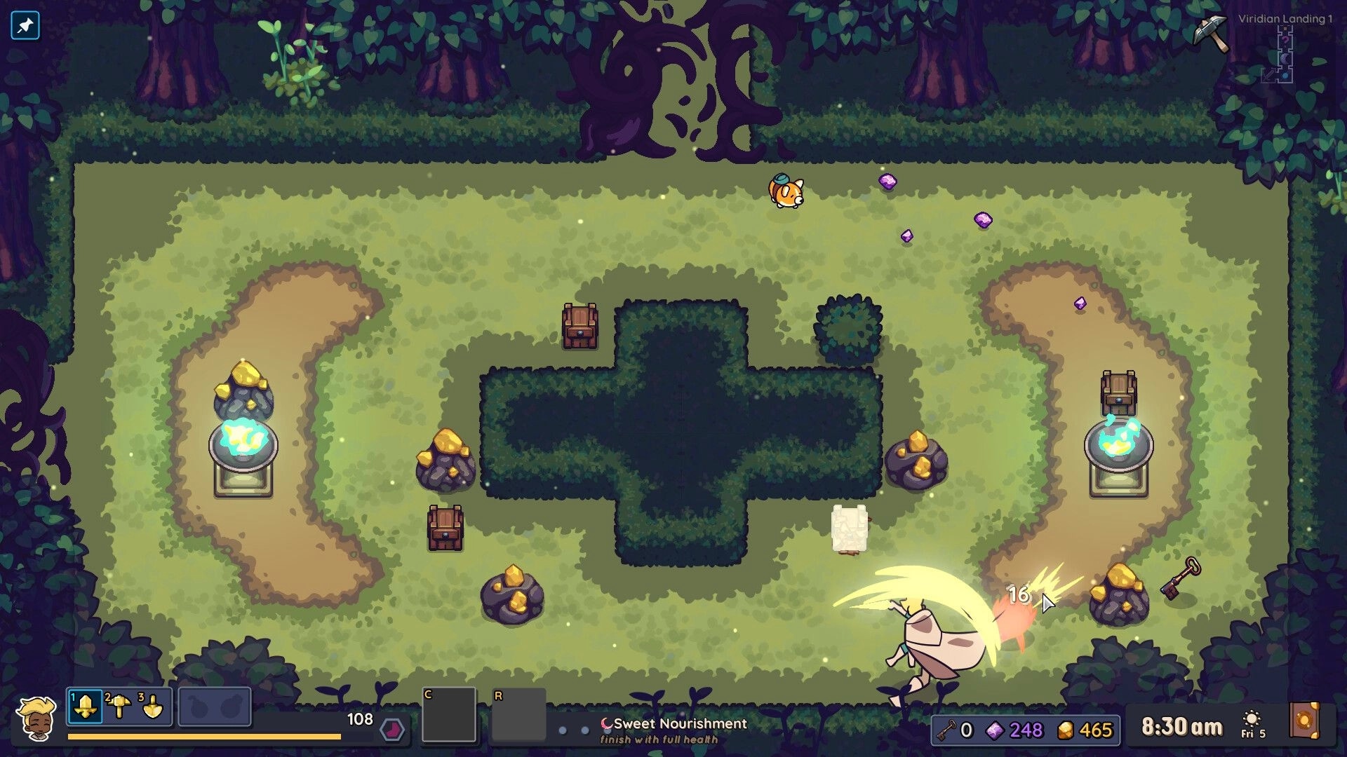 Nimbit Frontier: Player engaging in combat in a forest clearing with scattered resources and a small creature.