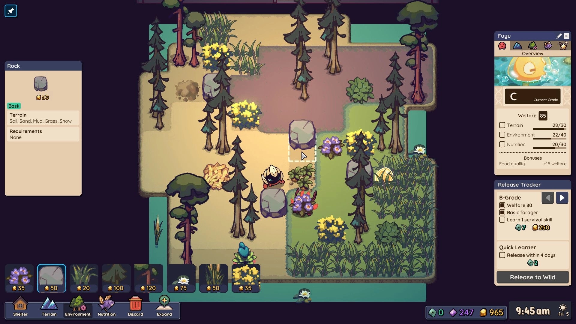 Nimbit Frontier: Player navigating forest terrain with UI showing rock selection and creature welfare stats