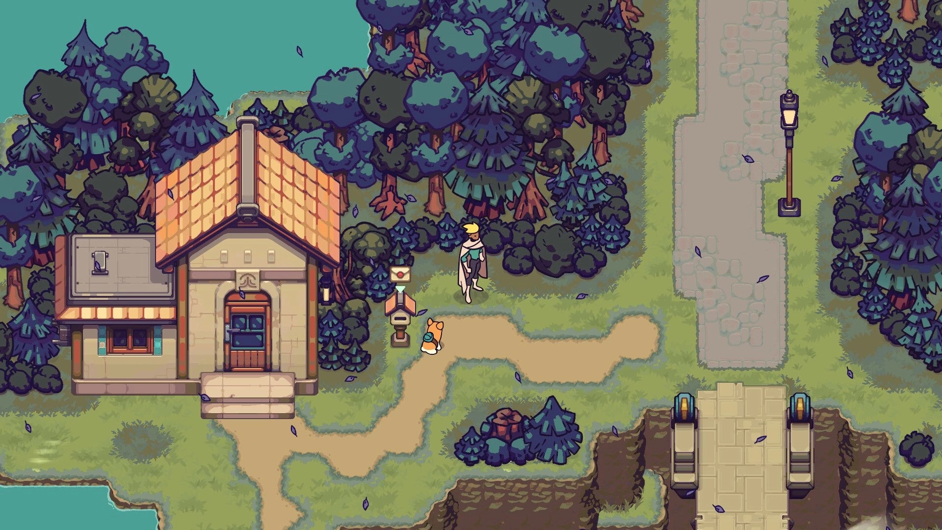 Nimbit Frontier: Character and Nimbit exploring forest path near cozy home and mailbox in lush village setting.
