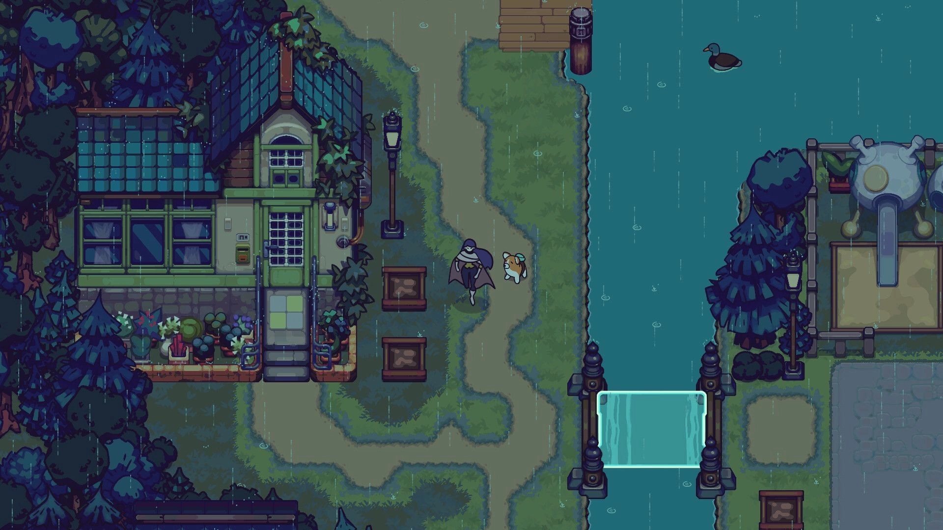 Nimbit Frontier: Character and Nimbit walking in rainy village by house and river with a duck swimming.