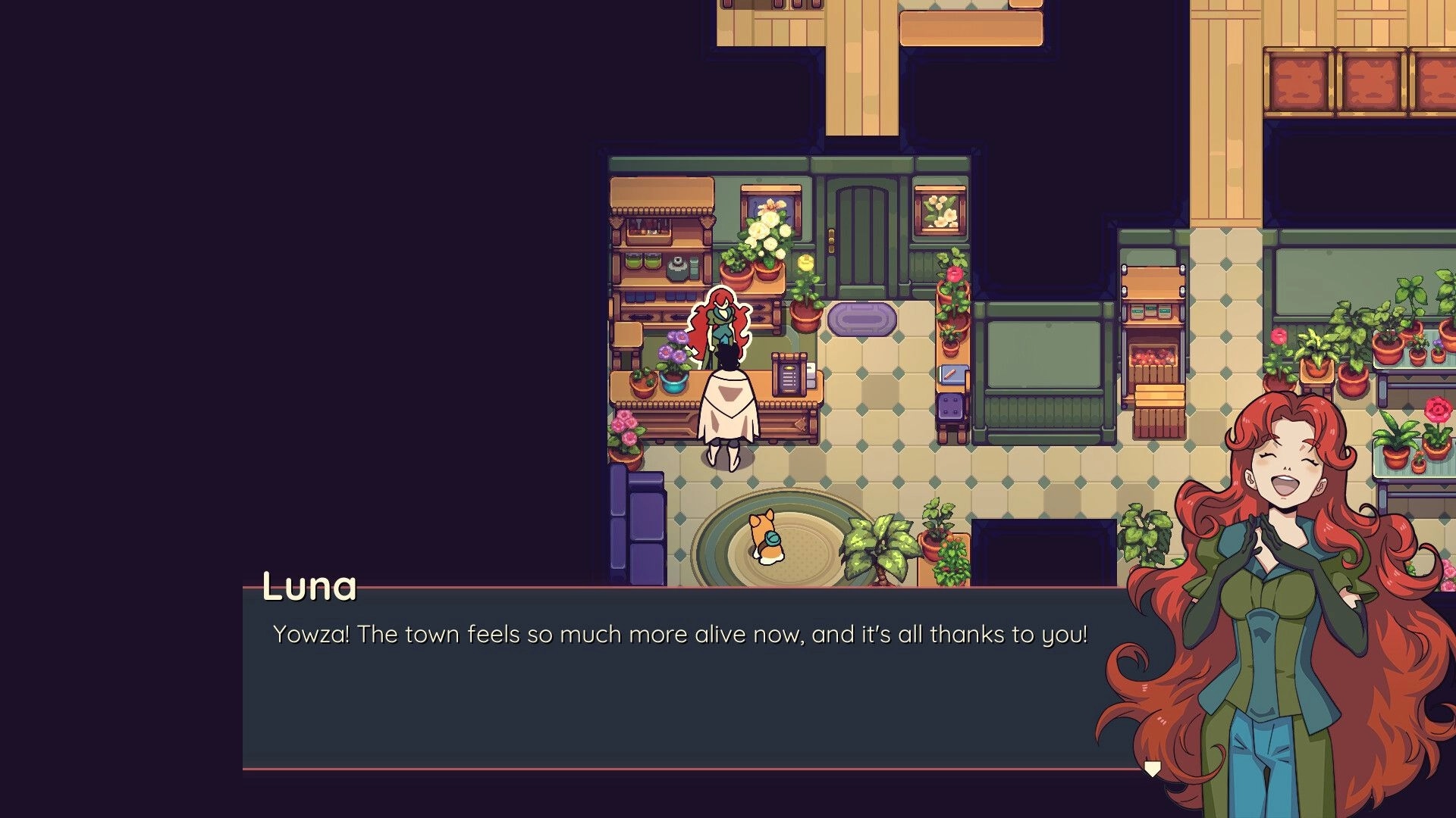 Nimbit Frontier: Luna talking in a cozy plant-filled room with dialogue box and character portrait.